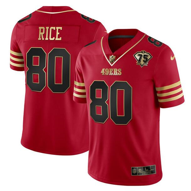 Men's San Francisco 49ers #80 Jerry Rice Red Gold With 75th Anniversary Patch Football Stitched Jersey